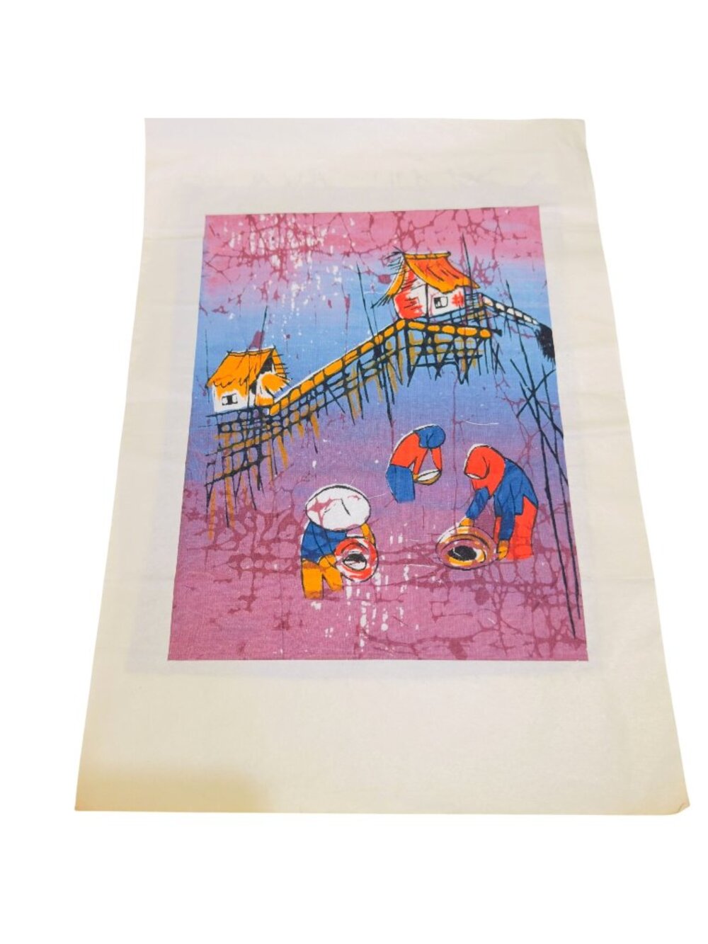 Handmade Malaysian Batik Painting Fabric Vibrant Village Washing in River Scene